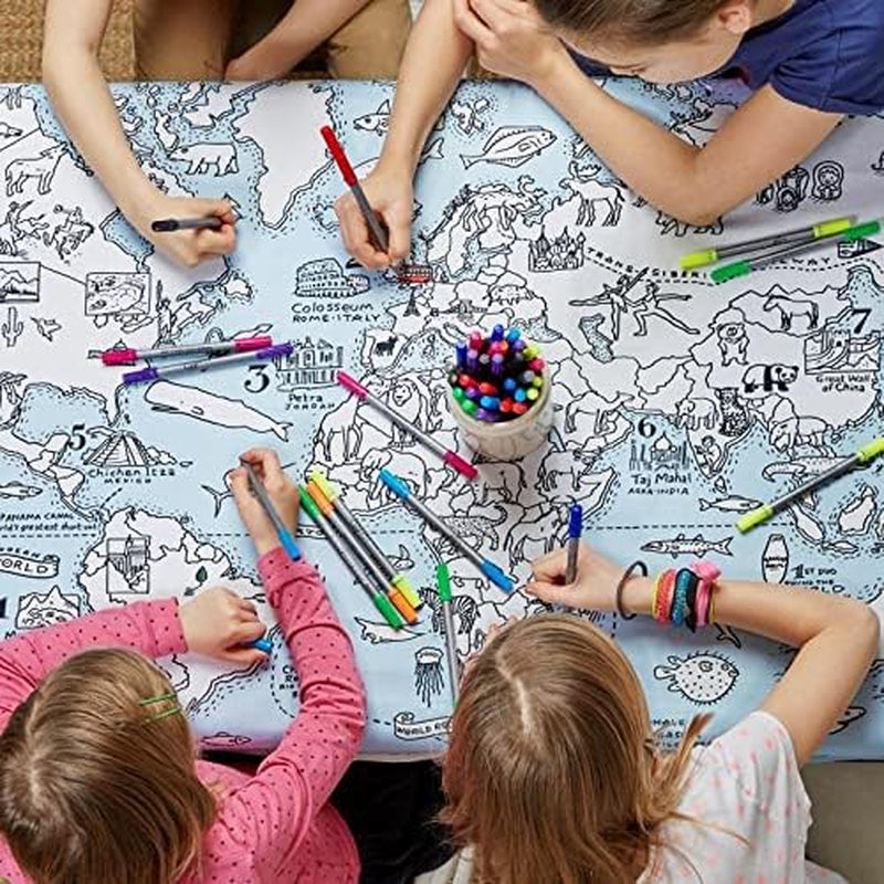 World Map Kid'S Coloring Tablecloth - Color Your Own Map of the World - Educational Geography Learning Activity for Children with Washable Felt Tip Fabric Markers - 50X33In