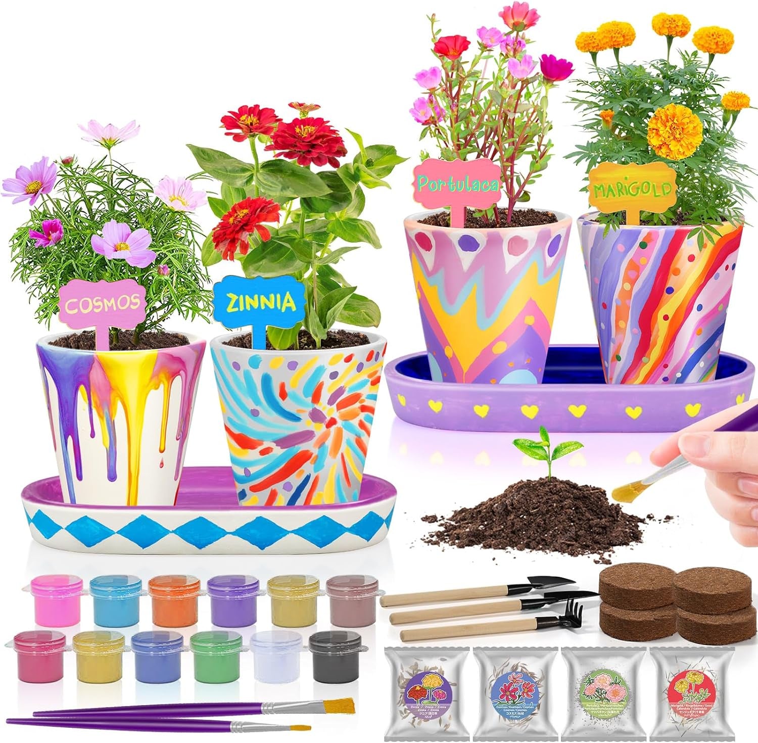 4 Set Paint & Plant Flower Gardening Kit - Gifts for Girls Ages 8-12, Arts and Crafts for Kids Ages 8-12, Kids Gardening Set, Craft Toys Birthday Gifts for Girls Boys Ages 4 5 6 7 8 9 10 11 12