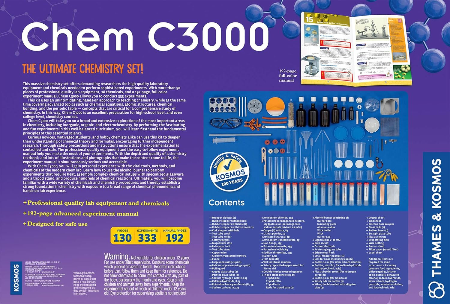 Thames & Kosmos Chem C3000 (V 2.0) Chemistry Set | Science Kit with 333 Experiments & 192 Page Lab Manual, Student Laboratory Quality Instruments & Chemicals, Multi, 21.3" Large X 7.2" W X 14.6" H (640132)