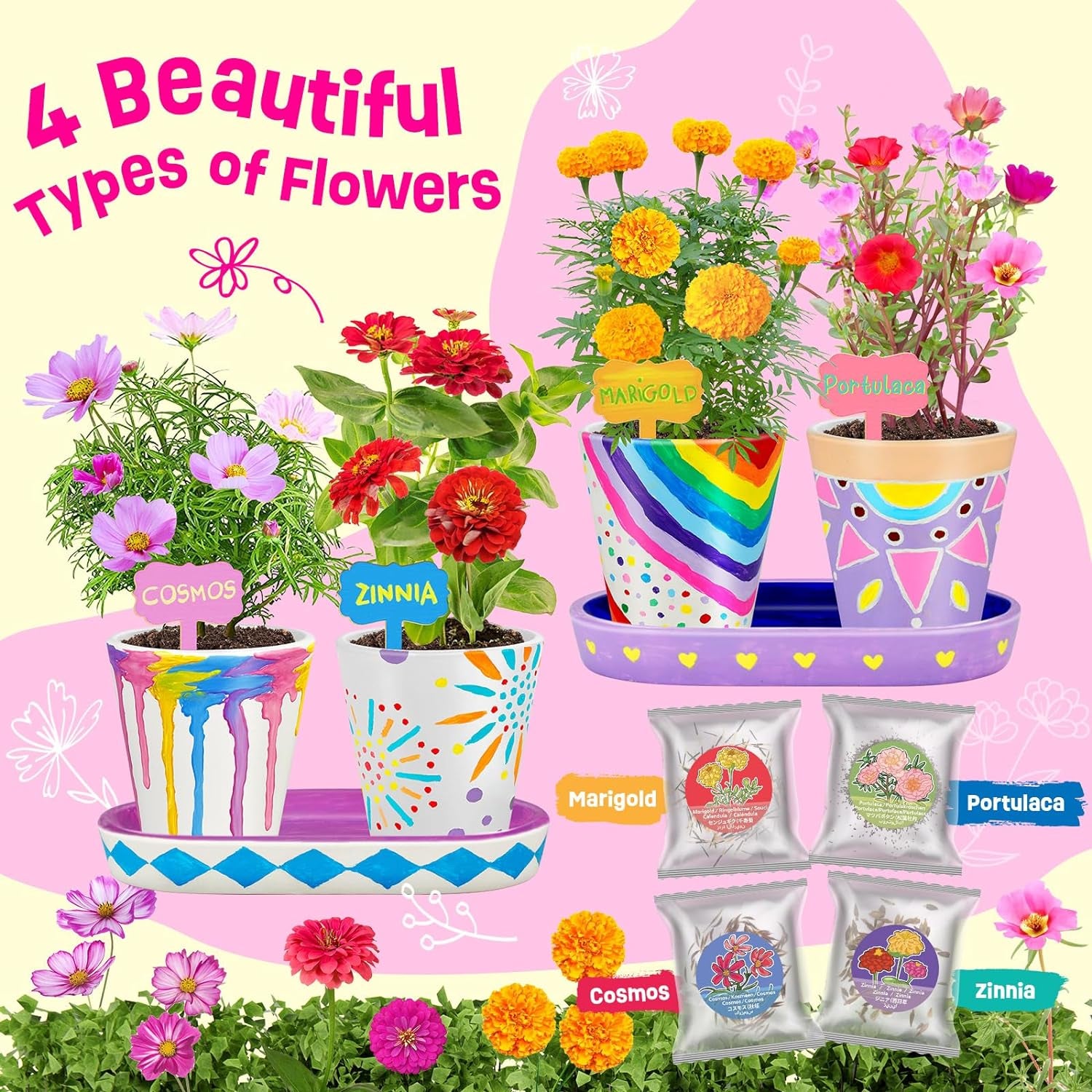 4 Set Paint & Plant Flower Gardening Kit - Gifts for Girls Ages 8-12, Arts and Crafts for Kids Ages 8-12, Kids Gardening Set, Craft Toys Birthday Gifts for Girls Boys Ages 4 5 6 7 8 9 10 11 12