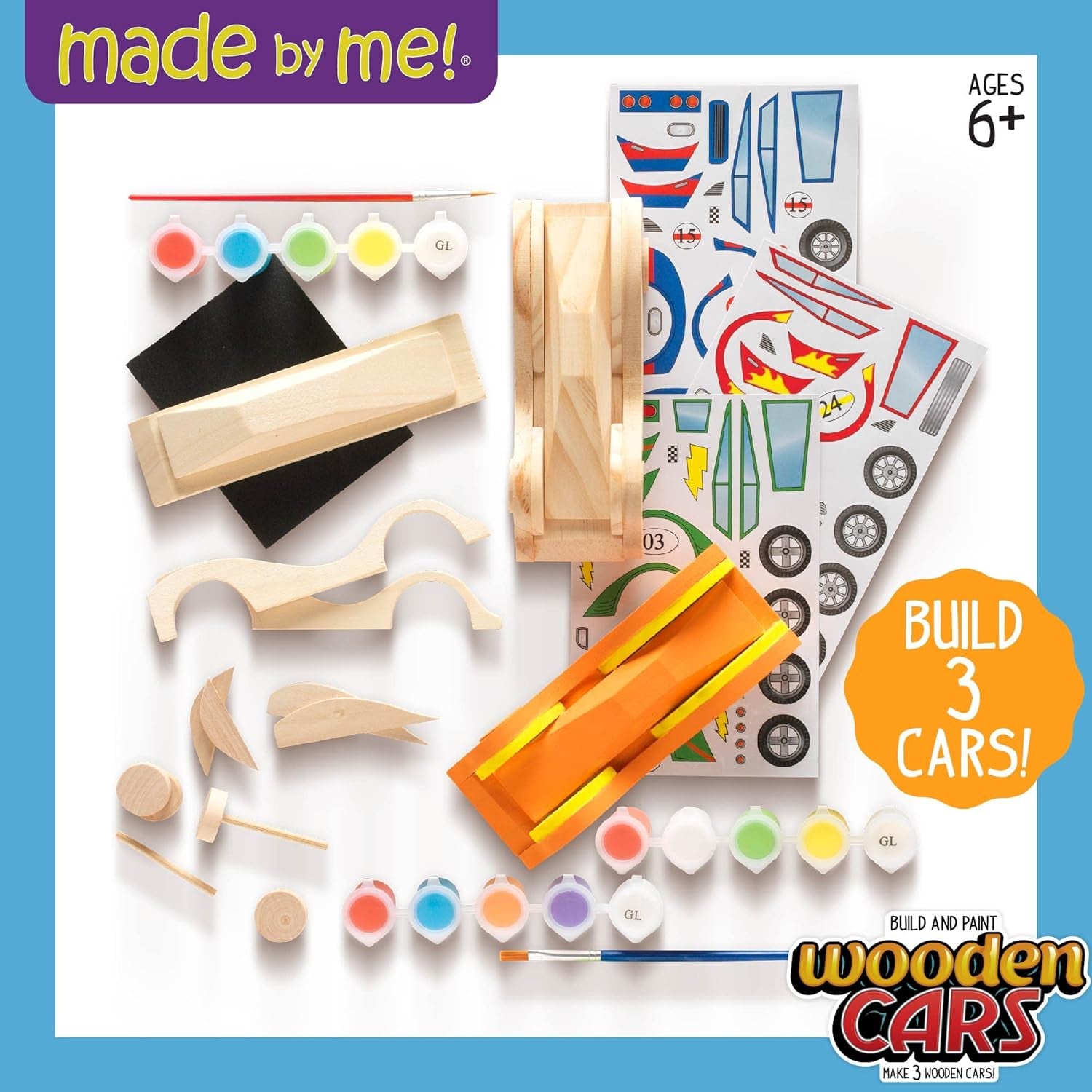 Made by Me Build & Paint Your Own Wooden Cars - DIY Wood Craft Kit, Easy to Assemble and Paint 3 Race Cars – Arts and Crafts Kit for Kids Ages 6 and Up, Multicolor