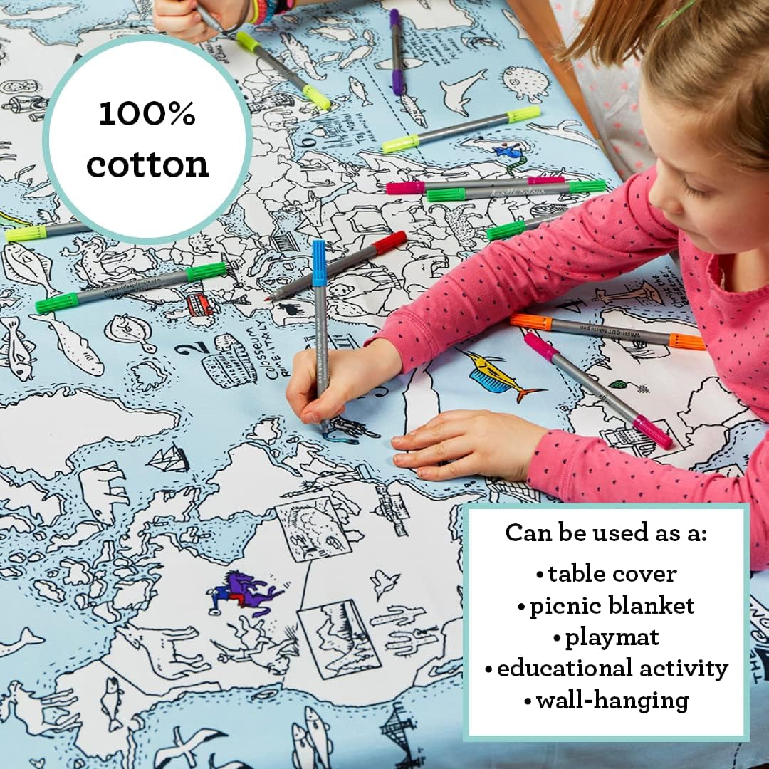 World Map Kid'S Coloring Tablecloth - Color Your Own Map of the World - Educational Geography Learning Activity for Children with Washable Felt Tip Fabric Markers - 50X33In