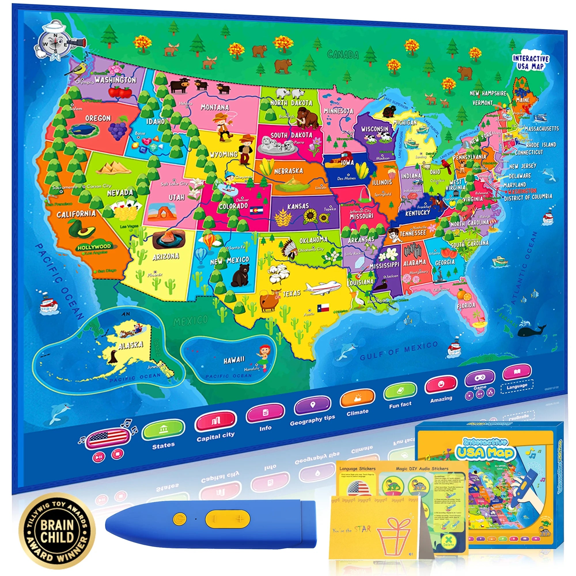 World Map Poster,Educational Toys for 4-8 Year Olds,Interactive World Map for Kids,Learning Toys for Kids,Gifts for Boys & Girls