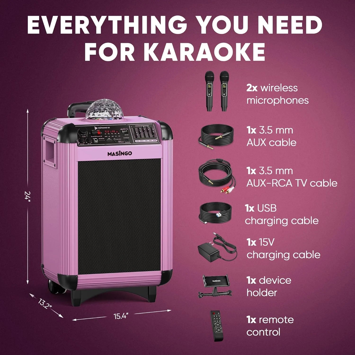 Karaoke Machine for Adults & Kids with 2 UHF Wireless Microphones - Portable Singing PA Speaker System W/Two Bluetooth Mics, Party Lights, Lyrics Display Holder & TV Cable - Soprano X1 Pink