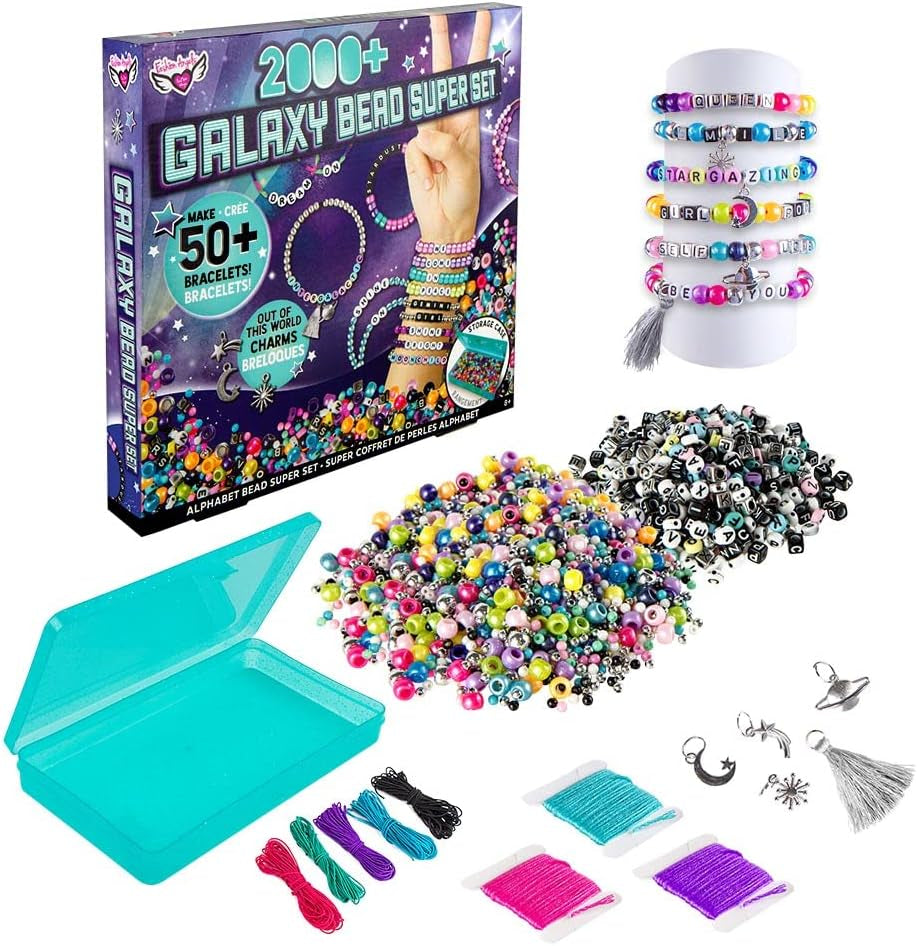 Galaxy Bead Super Set, 2,000+ Bead Bracelet Making Kit - Makes 50+ Bracelets, Alphabet Charms, Pearlescent & Metallic Beads, Includes Bead Box Organizer, Recommended for Ages 8 and Up