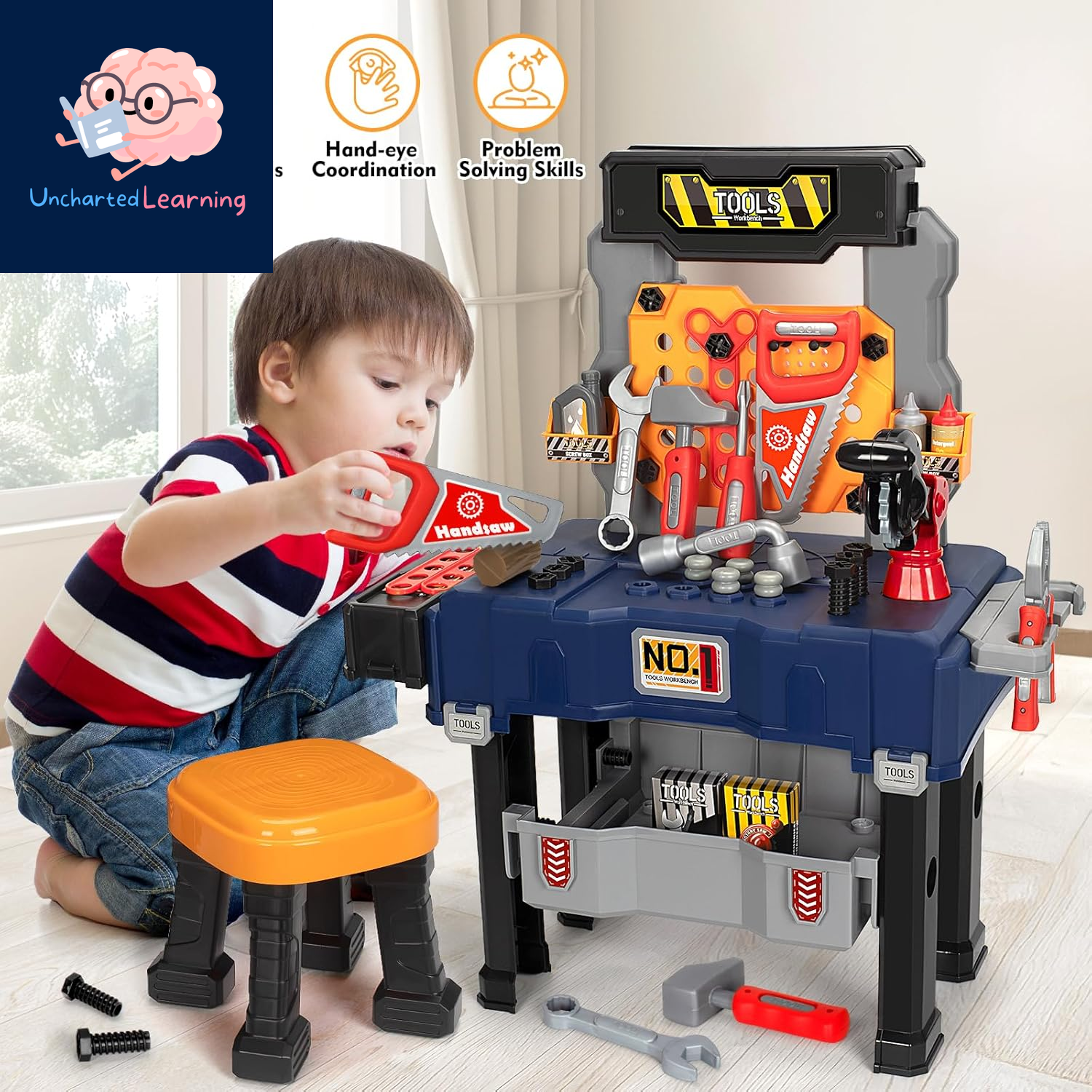 Kids Tool Bench Set with Electric Drill and Chair,Construction Workbench Toys for Toddlers 3-5,Kids Tool Play Set,Multifunctional Transformable Toolbox,Boy Gift for 3 4 5 Years Old