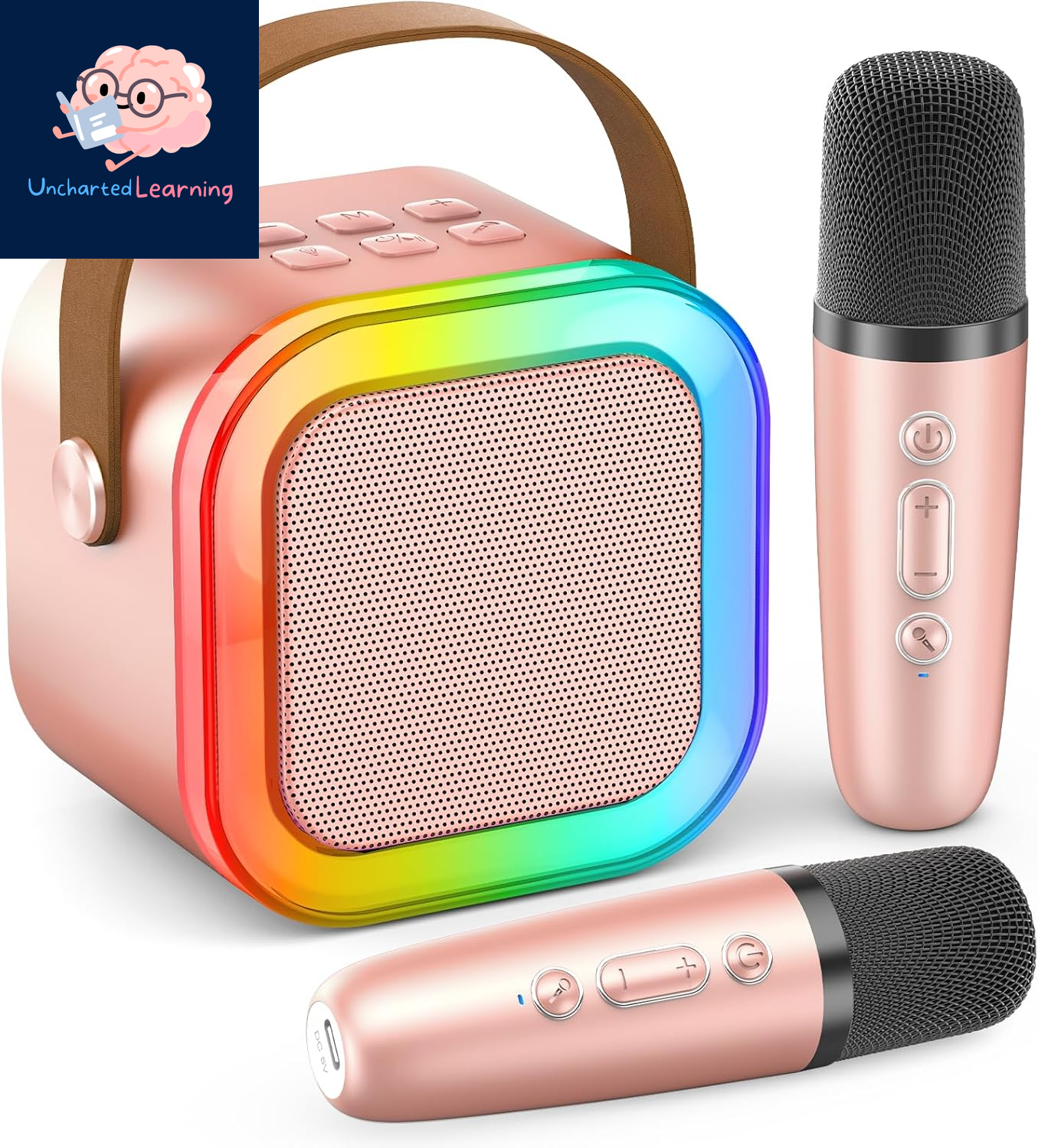 Karaoke Machine for Kids Adults, Portable Bluetooth Mini Karaoke Microphone Singing Speaker with 2 Wireless Mic and Light,Toys for All Smartphones,Birthday, Family,Home Party (Rose Gold)