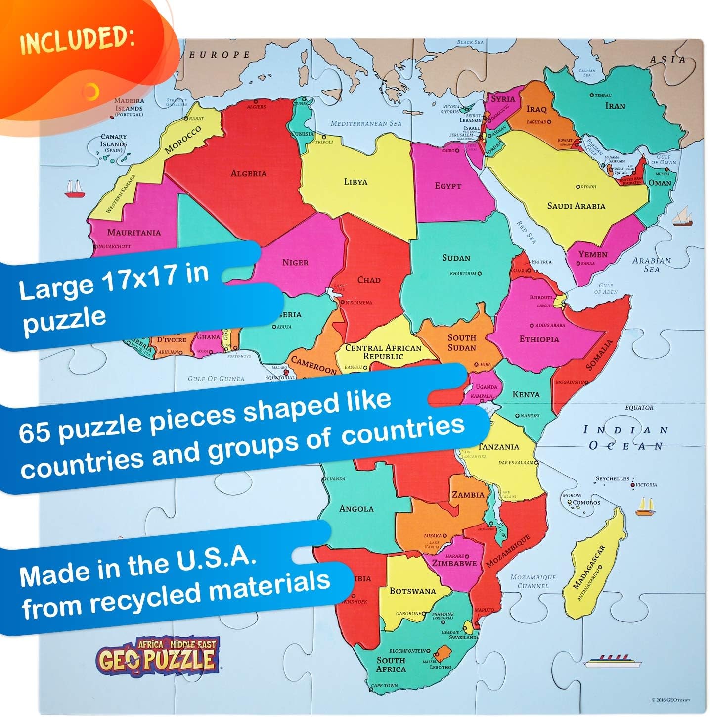 — Geopuzzle Africa and the Middle East — Educational Kid Toys for Boys and Girls, 65 Piece Geography Jigsaw Puzzle, Jumbo Size Kids Puzzle — Ages 4 and Up