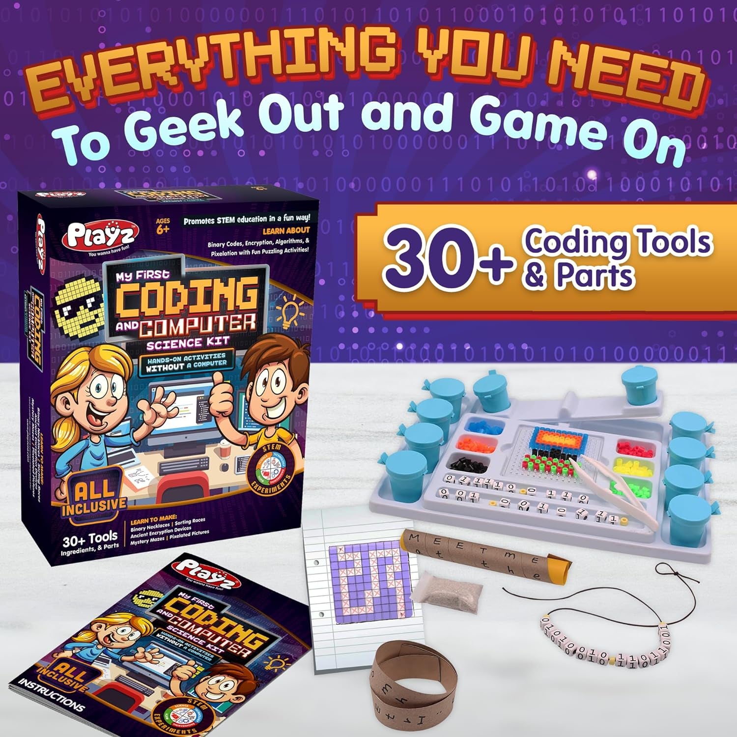 Playz My First Coding & Computer Science Kit - Learn about Binary Codes, Encryption, Algorithms & Pixelation through Fun Puzzling Activities without Using a Computer for Boys, Girls, Teenagers, Kids