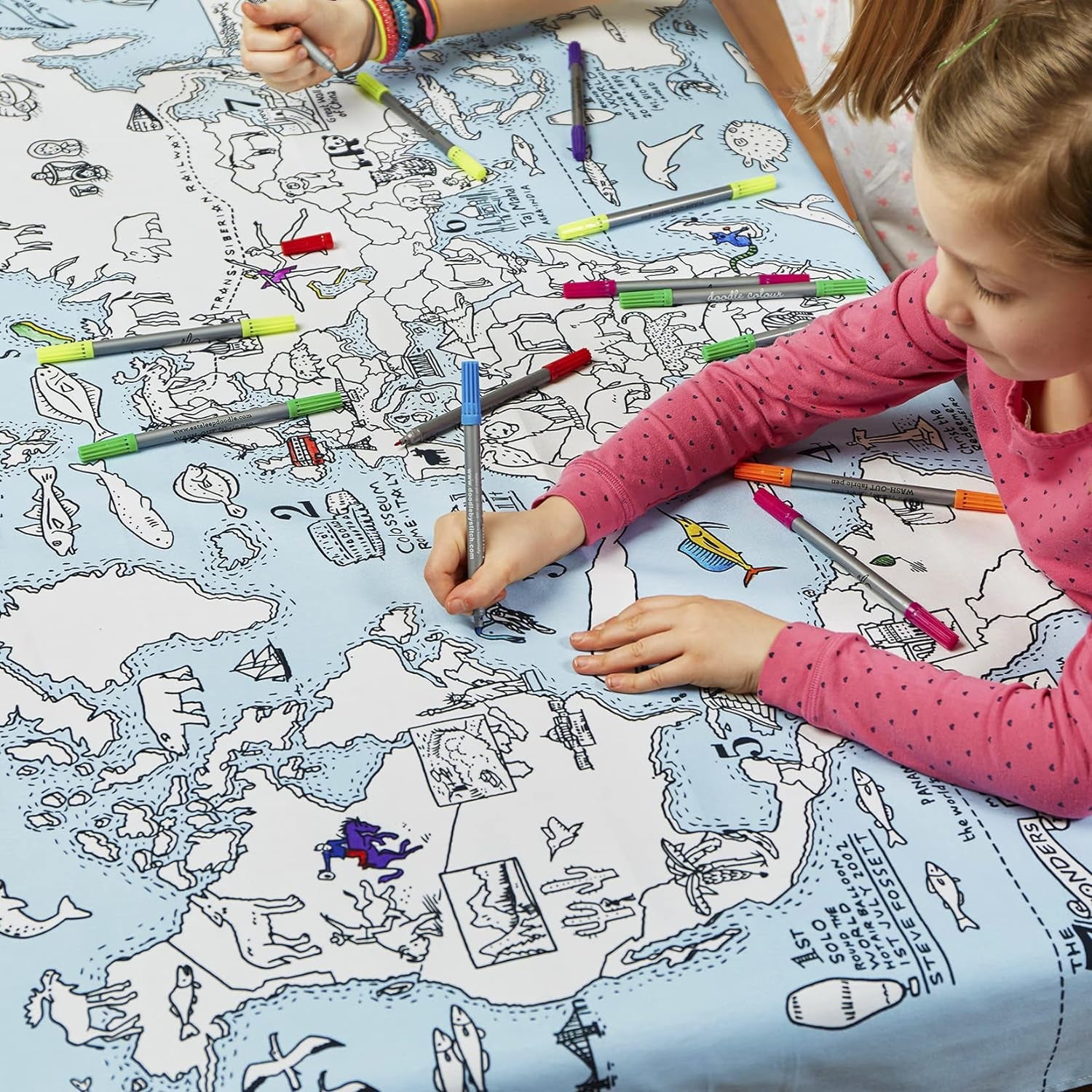 World Map Kid'S Coloring Tablecloth - Color Your Own Map of the World - Educational Geography Learning Activity for Children with Washable Felt Tip Fabric Markers - 50X33In