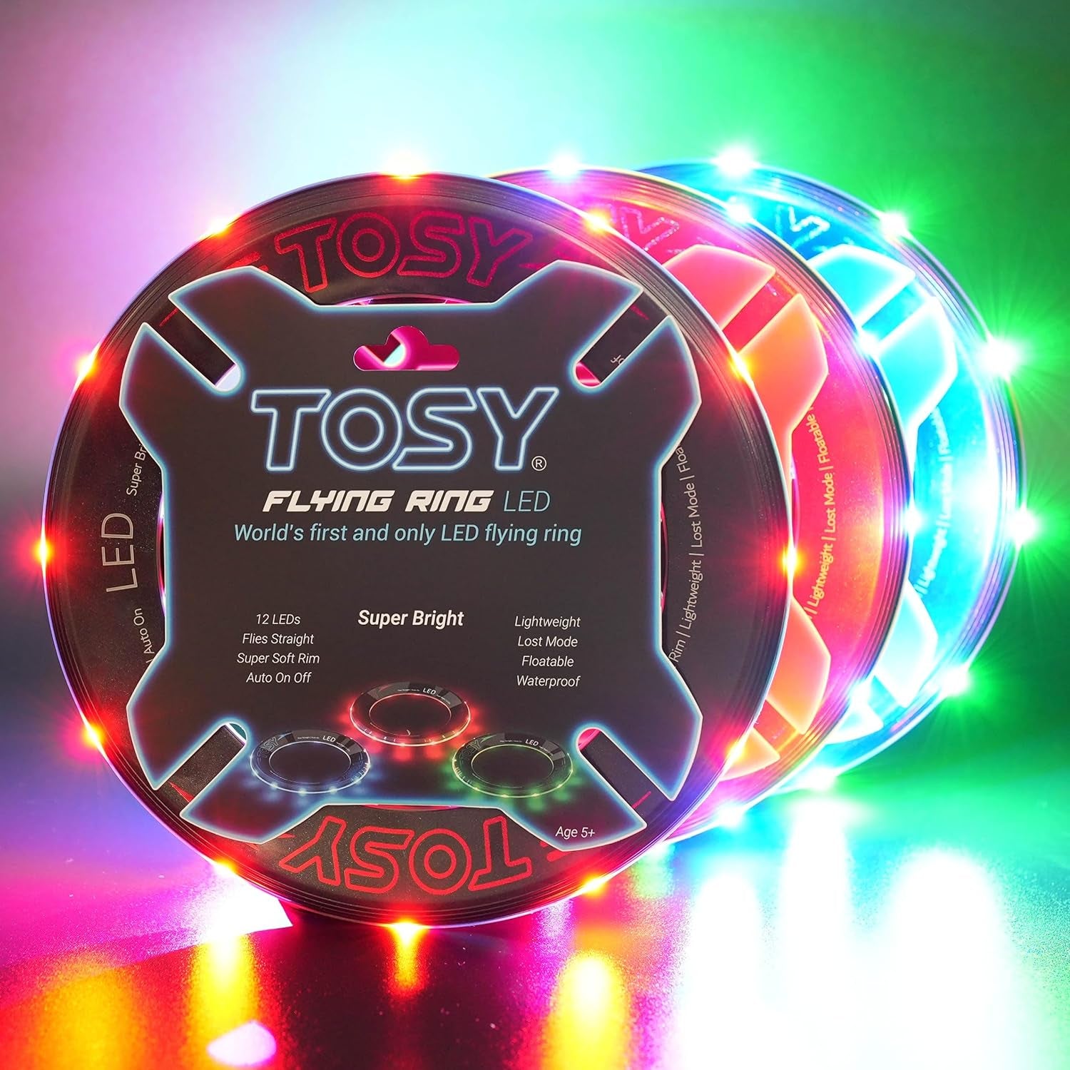 Flying Ring - 12 Leds, Super Bright, Soft & Photoluminescent Rim, Auto Light Up, Safe, Waterproof, Lightweight Frisbee, Cool Fun Birthday, Camping & Outdoor/Indoor Gift Toy for Boys/Girls/Kids