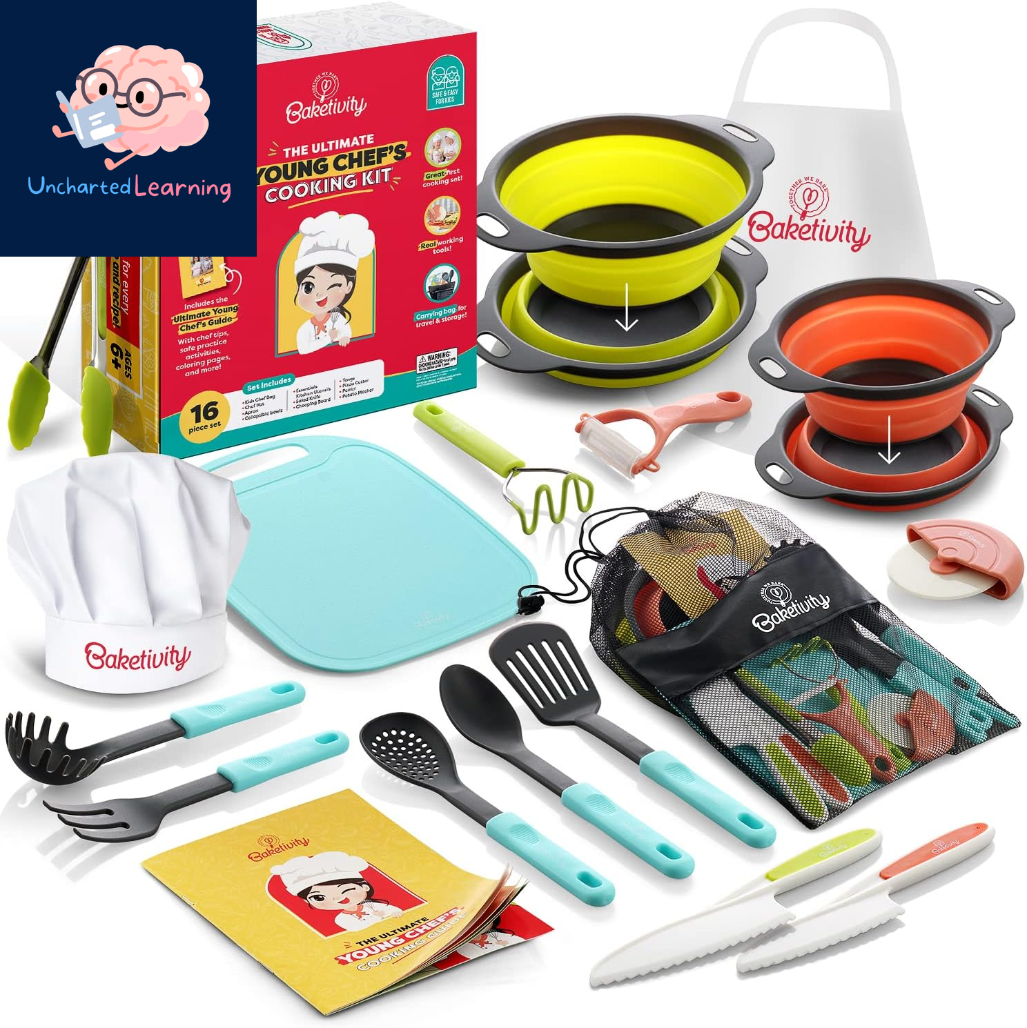 Kids Cooking Set Real Utensils with Kitchen Tool Guide - Complete Junior Cooking Set Gift for Girls or Boys with Mixing Bowls, Cutting Board, Knife, Apron - Kids Baking Set for Real Cooking