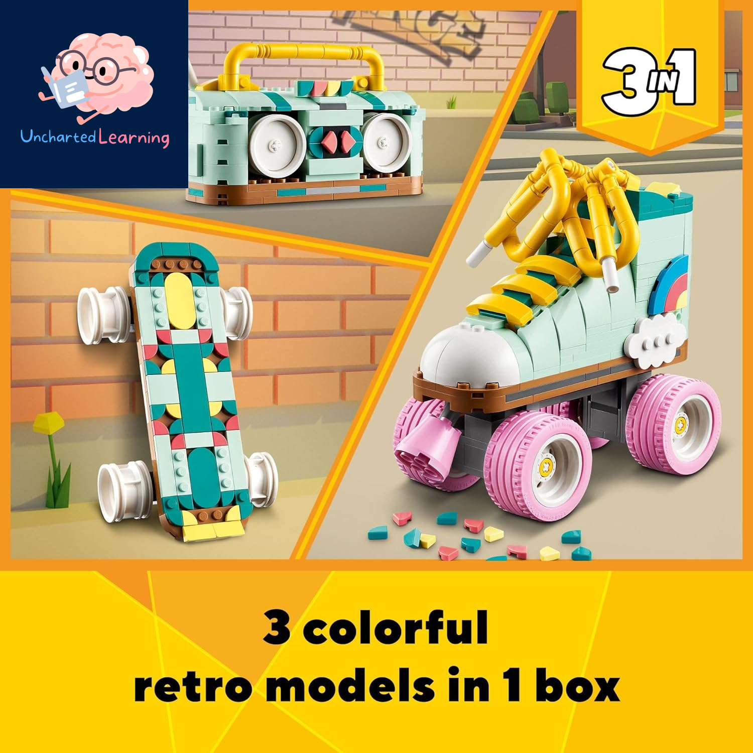 Creator 3 in 1 Retro Roller Skate Building Kit, Transforms from Roller Skate Toy to Mini Skateboard to Boom Box Radio, Birthday Gift for Skaters, Cool Toy for Boys and Girls Ages 8 and Up, 31148