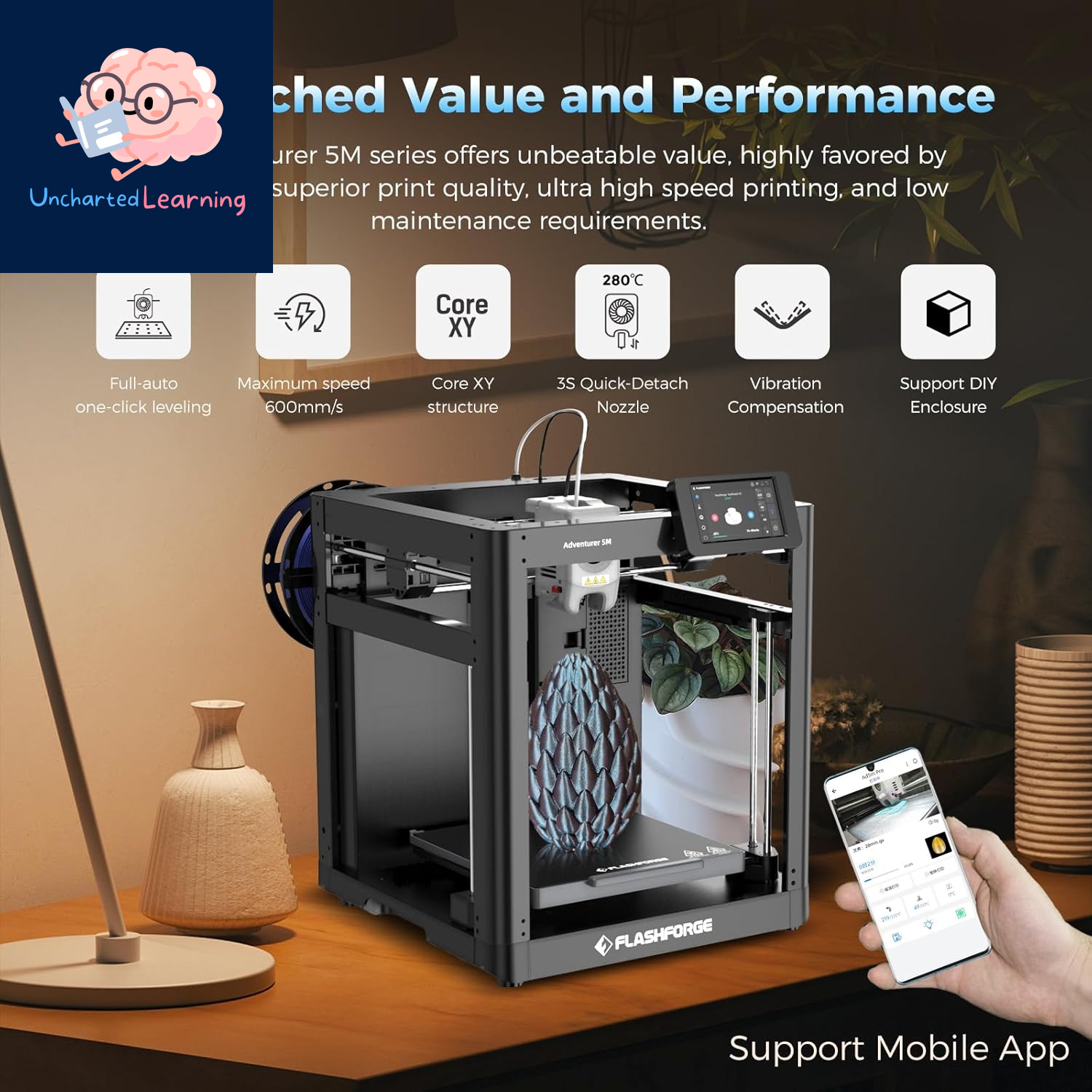 Adventurer 5M 3D Printer with Fully Auto Leveling, Max 600Mm/S High Speed Printing, 280°C Direct Extruder with 3S Detachable Nozzle, Core XY All Metal Structure, Print Size 220X220X220Mm