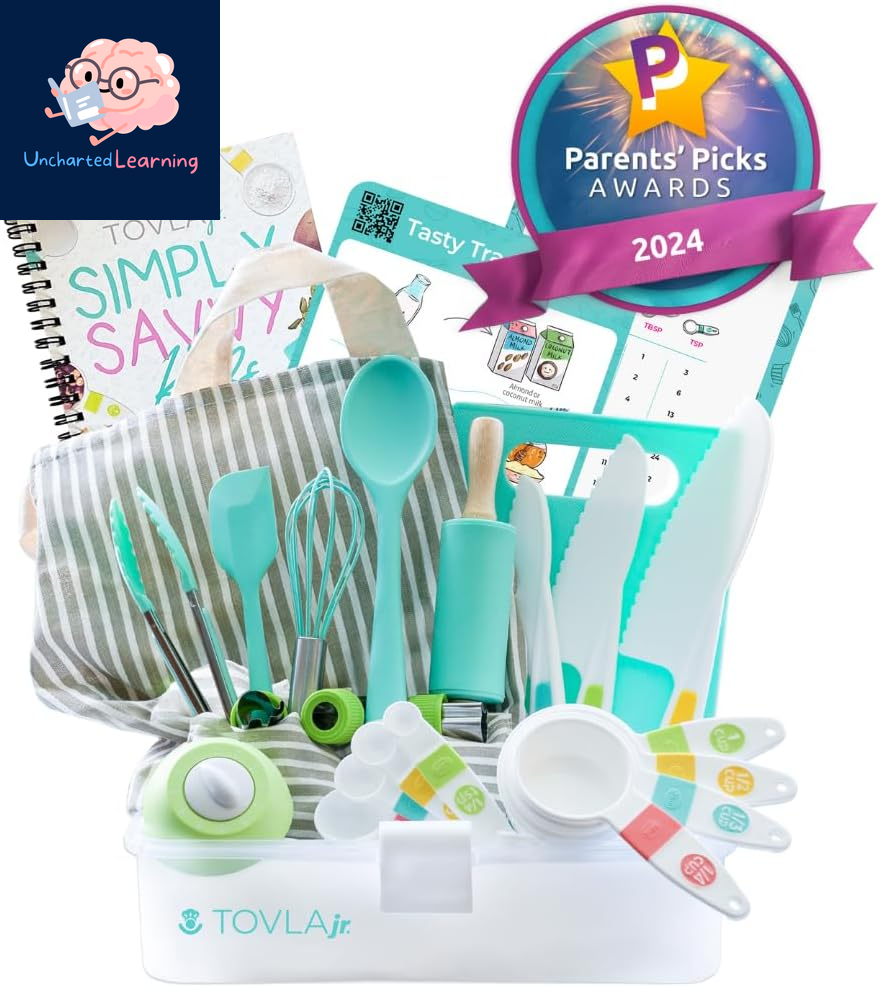 Jr. Kids Real Cooking and Baking Gift Set with Cookbook and Storage Case- Montessori Complete Cooking Supplies for the Junior Chef - Set for Girls & Boys - Utensils and Kid Safe Knives.